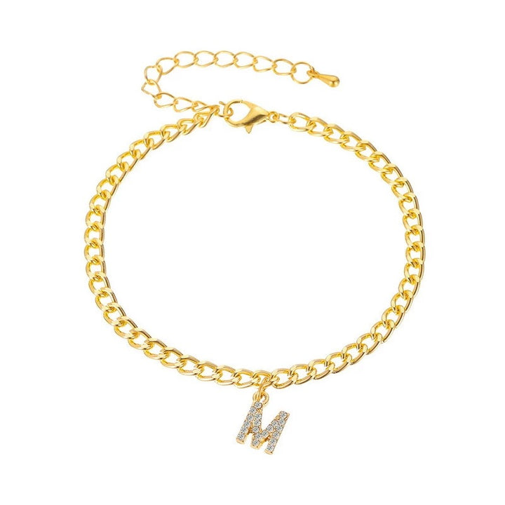 Iced A-Z Initial Letter Charm Gold Plated Cuban Chain Anklet
