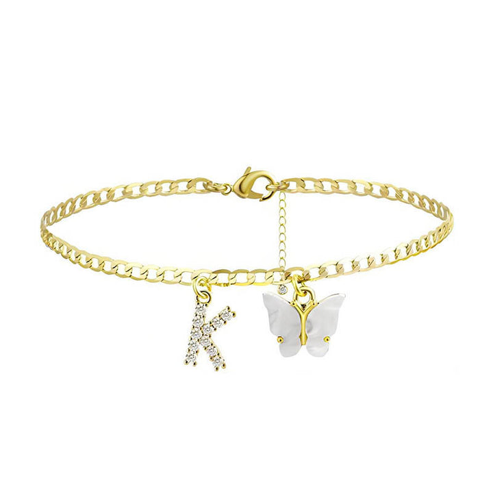 Iced Initial Letter and Butterfly Charms Anklet