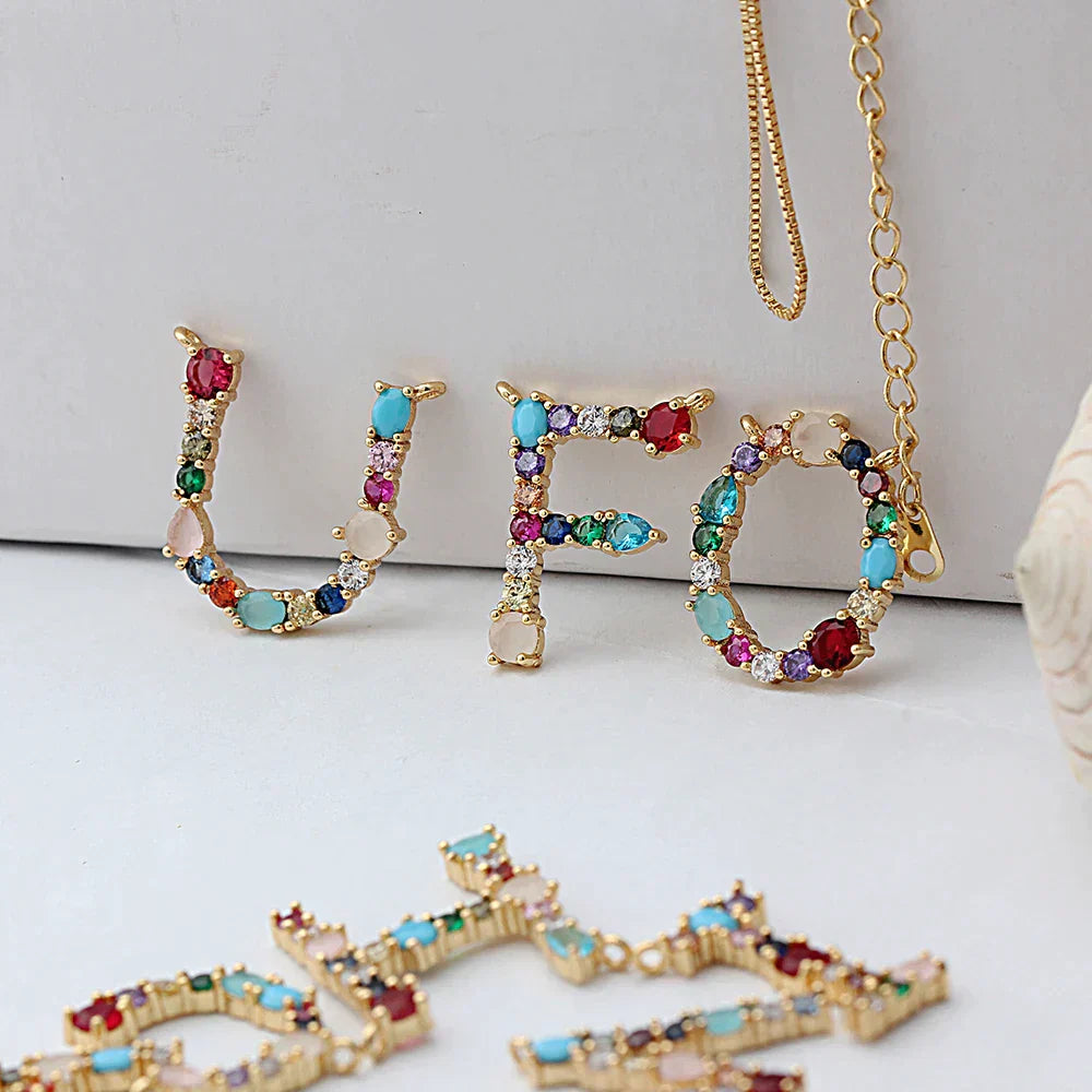 Necklace with Initials and Gemstones in 18K Gold Plating