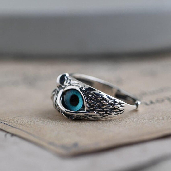 Adjustable Good Luck Owl ring in silver and opal