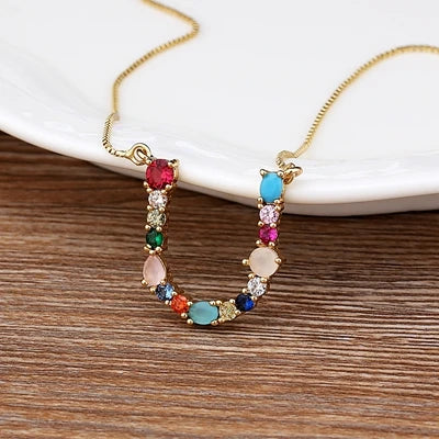 Necklace with Initials and Gemstones in 18K Gold Plating