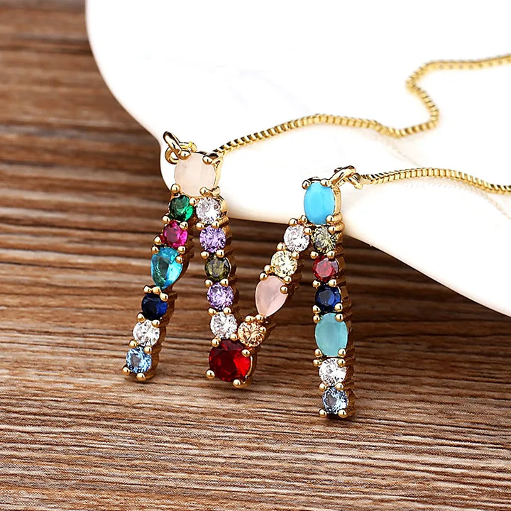 Necklace with Initials and Gemstones in 18K Gold Plating
