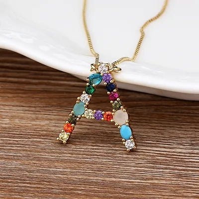 Necklace with Initials and Gemstones in 18K Gold Plating