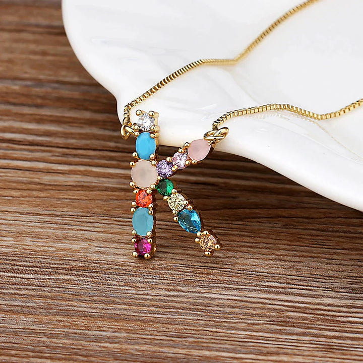 Necklace with Initials and Gemstones in 18K Gold Plating