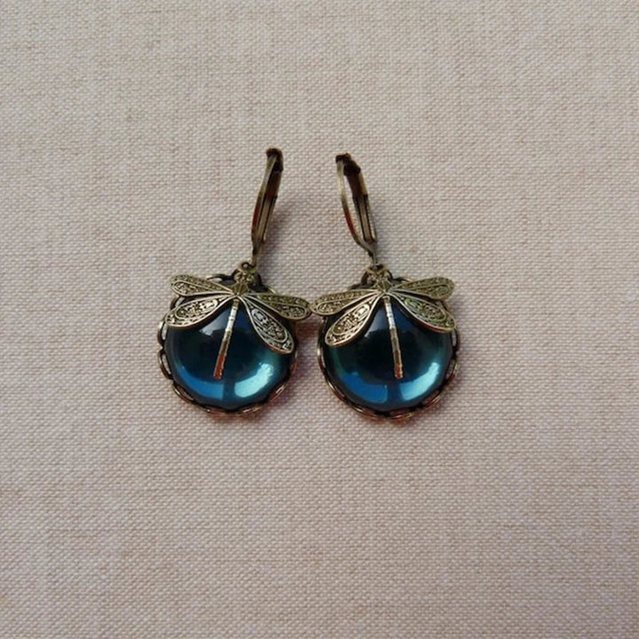 Dragonfly Crystal Earrings in Antique Gold