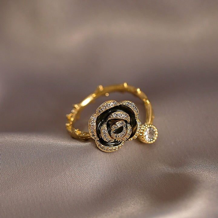Black Lotus Adjustable Ring with Zirconia in Gold