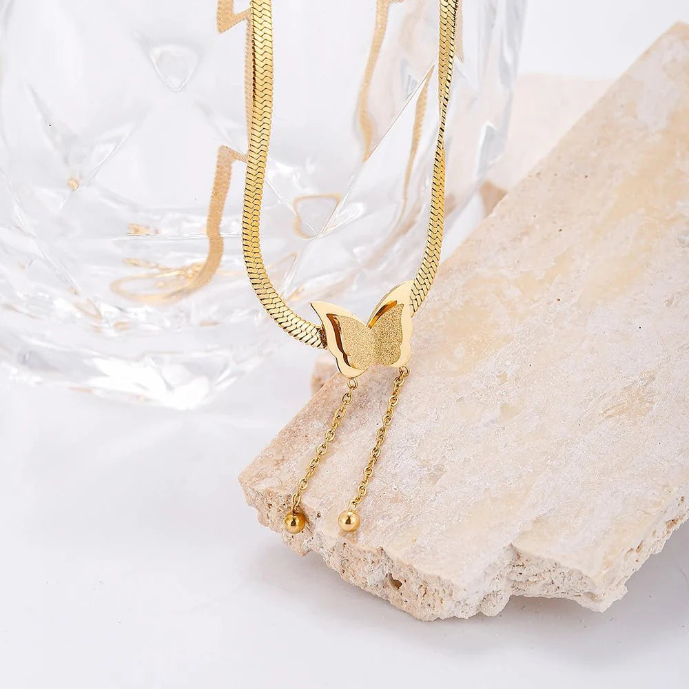 Dainty Herringbone Butterfly Dangle Necklace