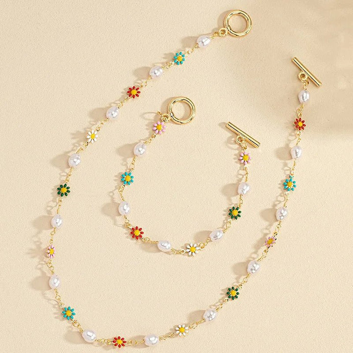 Dainty Spring Floral Pearls Bracelet and Necklace Set