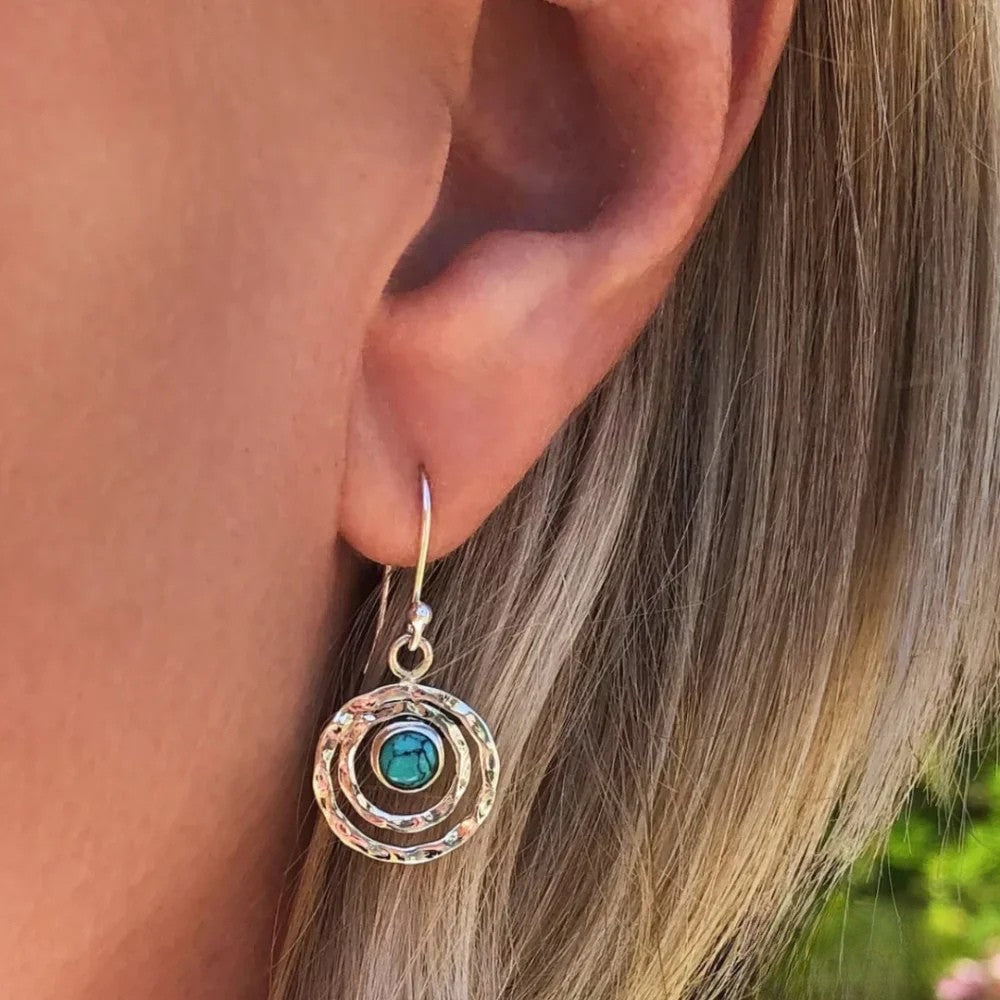 Boho Saturn Earrings with Turquoise Stone in Silver and Gold