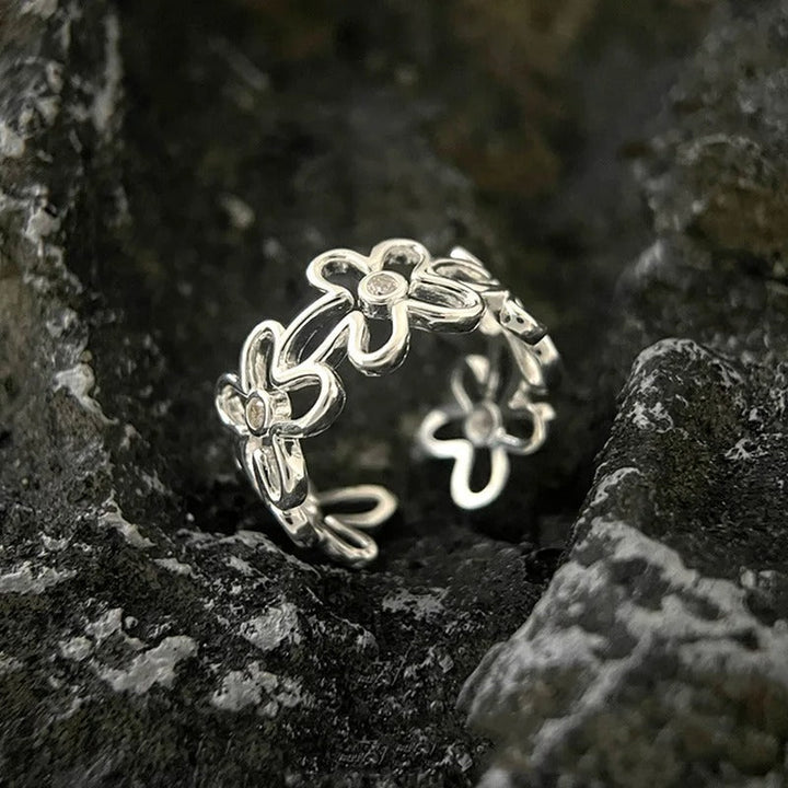 Adjustable Vintage 925 Silver Ring with Flowers